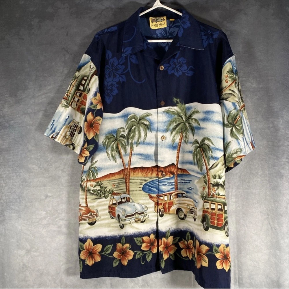 Hawaiian Camp Shirt Sz L Button Down Surf Woody Beach Vintage Car Print Floral